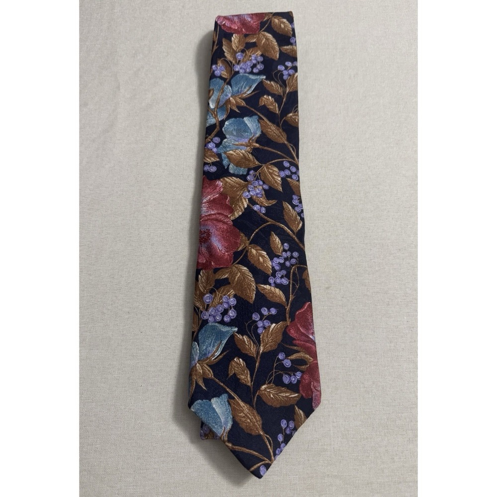 Halston III Vintage‎ 100% Italian Silk Floral Necktie Navy Brown Red 58 x 3.5"